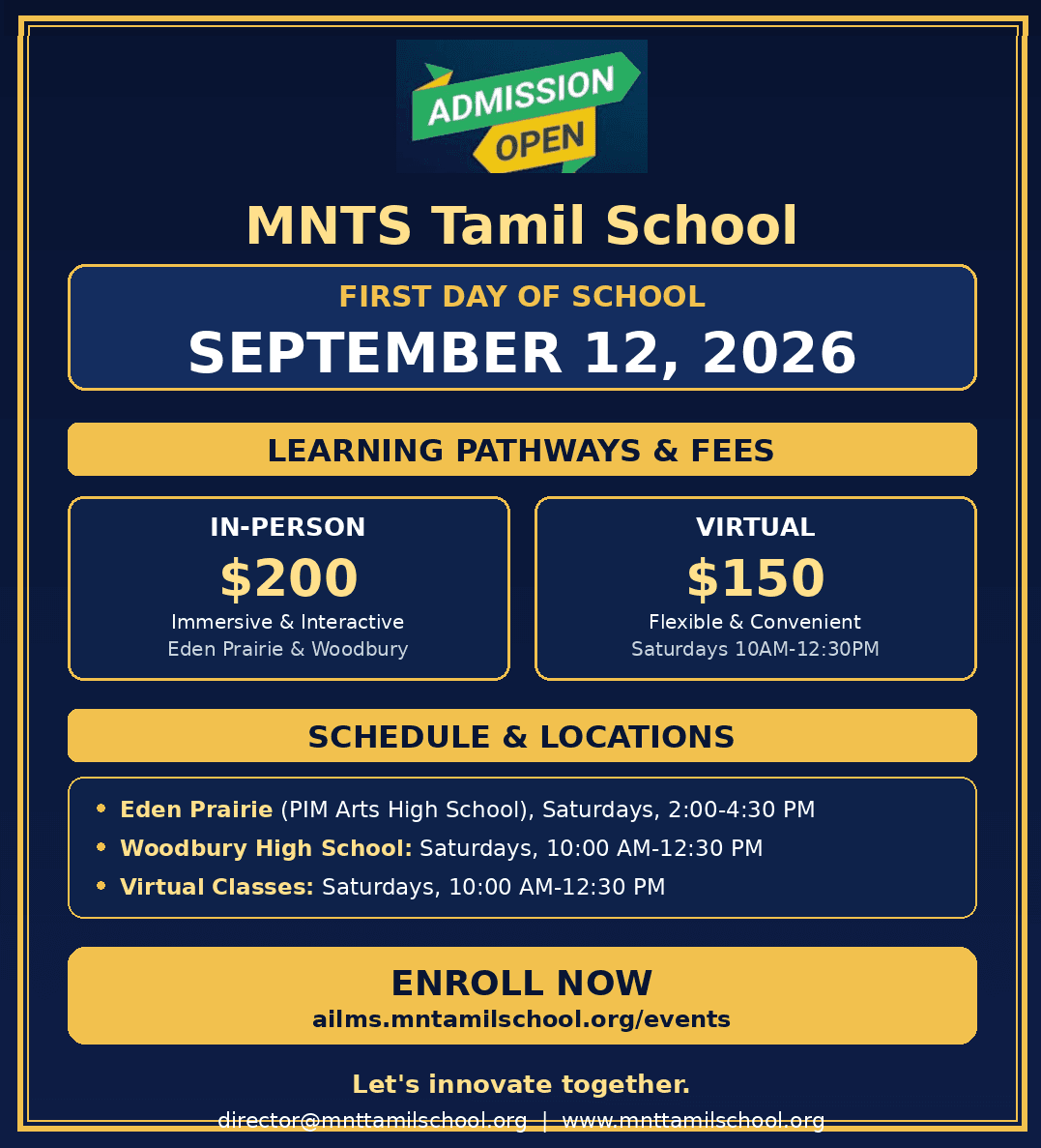 MNTS Tamil School — Enrollment open for school year 2026–27
